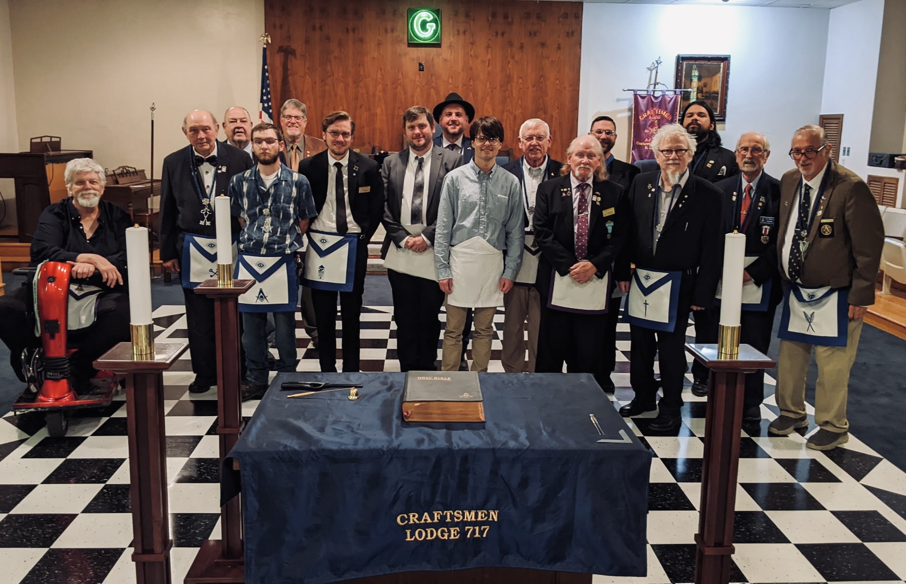 Brethren of Craftsmen Lodge No. 717 standing together in the lodge room